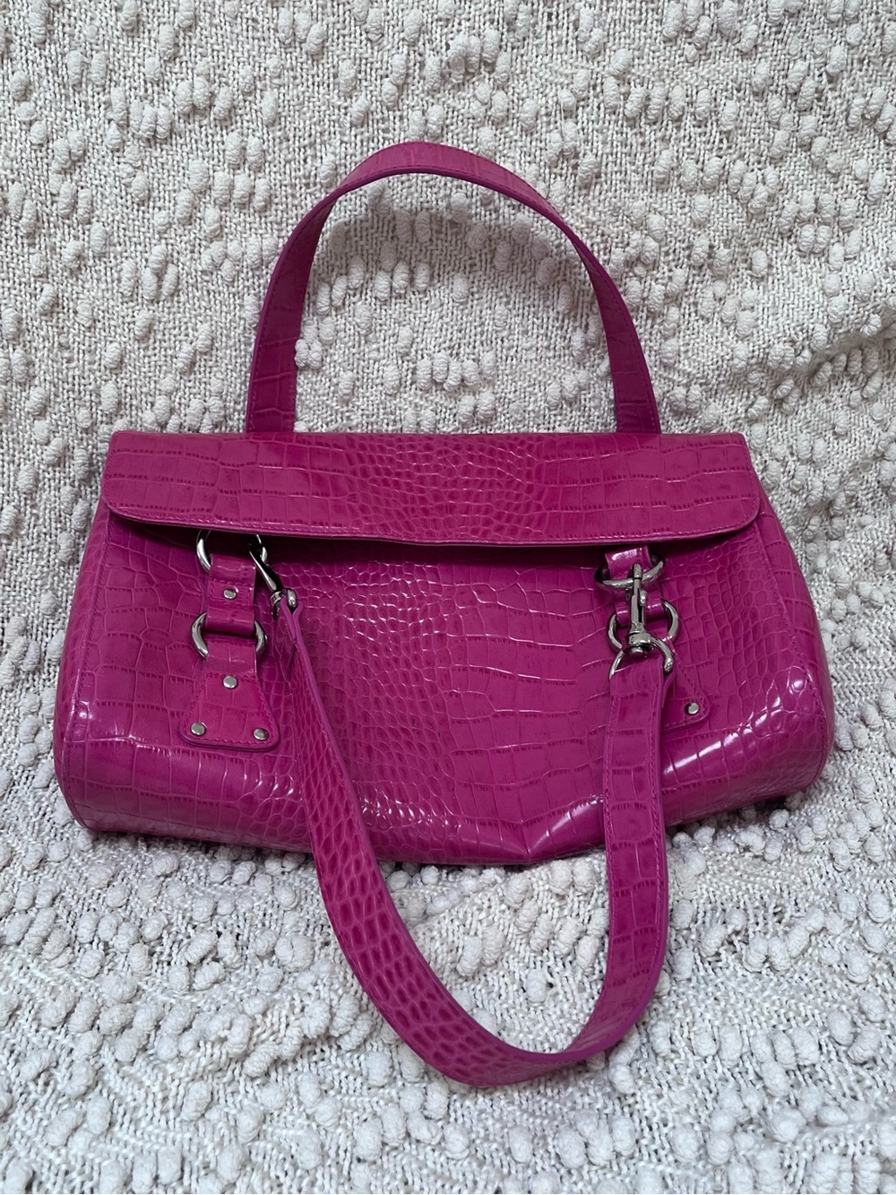 Fuscia Hot Pink Lauren Purse Silver Hardware Textured